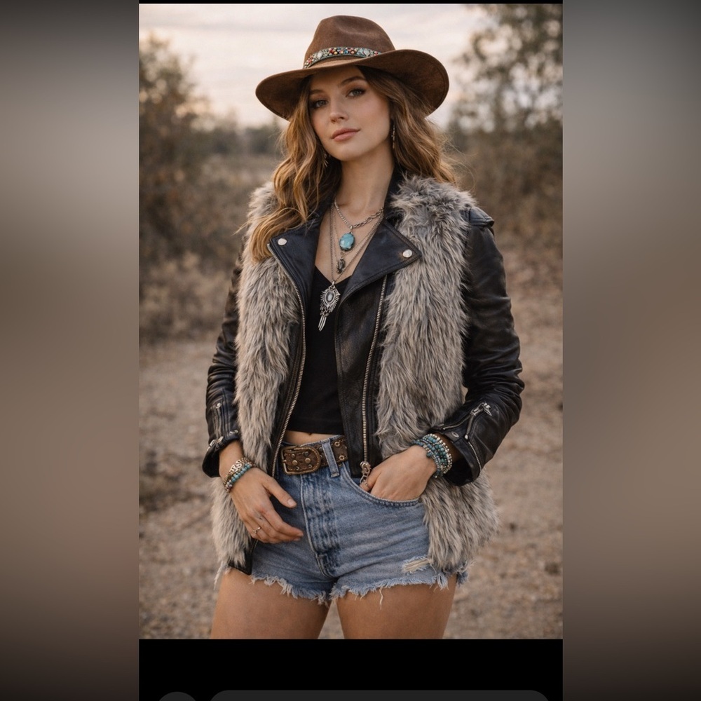 Black Faux Fur Faux Leather Moto Zip Vest Size Large